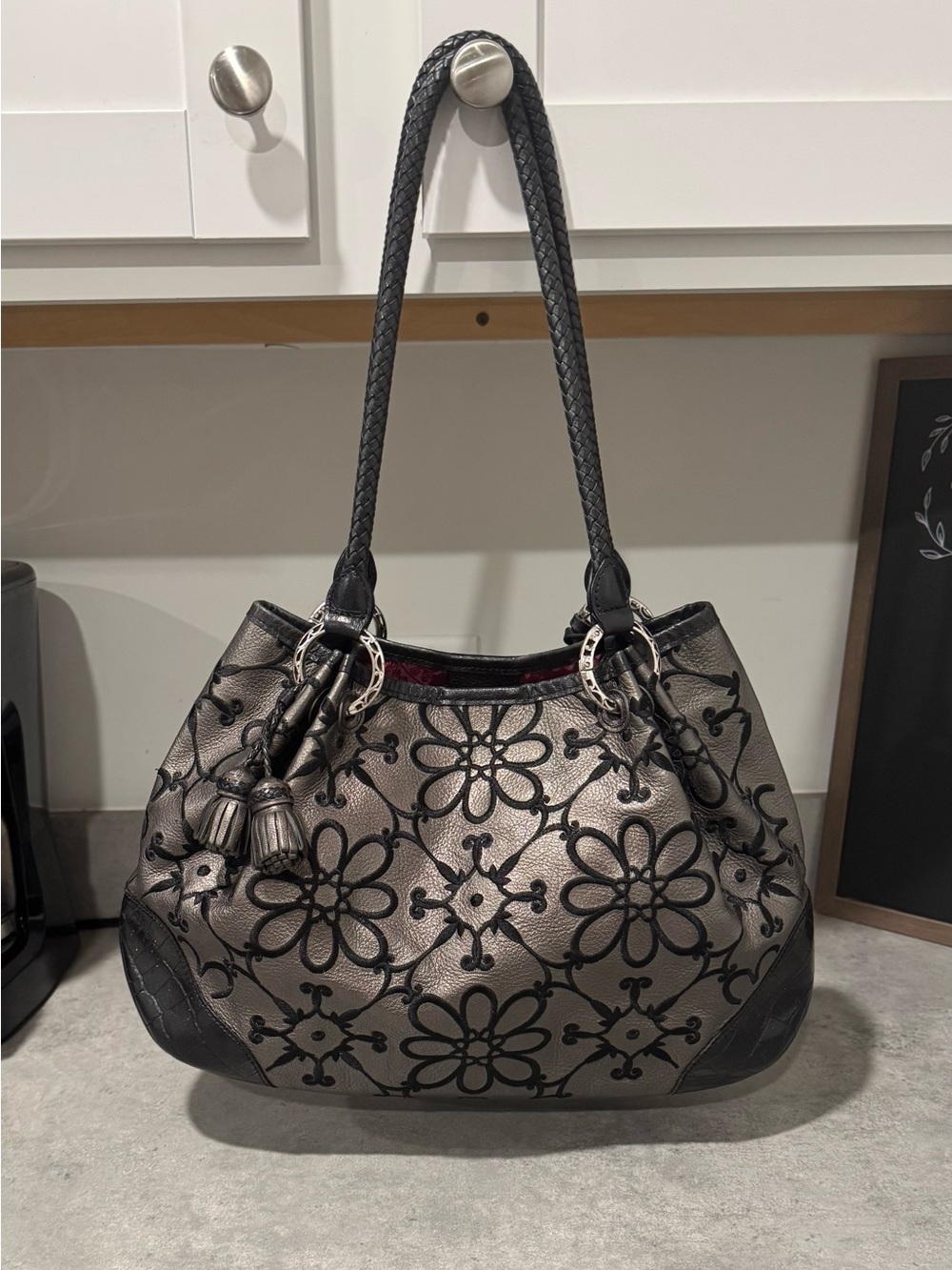 Brighton Valencia Metallic Pewter Floral Embroidered Shoulder Bag! GUC!!